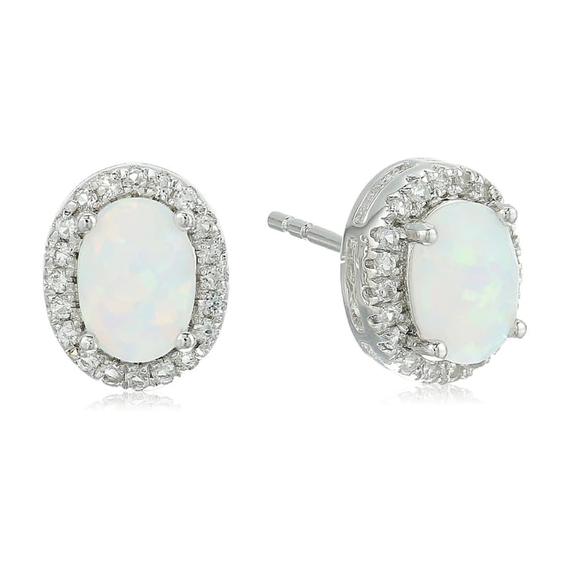 Sterling Silver Opal Oval and White Topaz Halo Stud Earrings