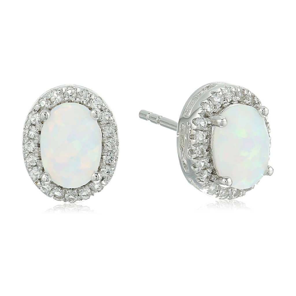 Sterling Silver Opal Oval and White Topaz Halo Stud Earrings