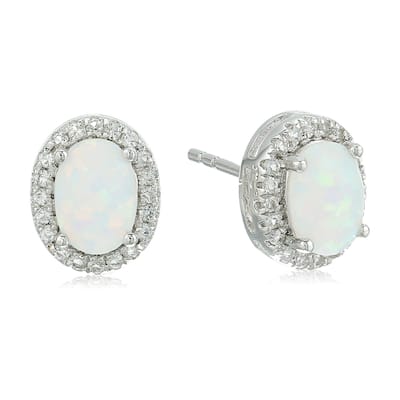 Sterling Silver Opal Oval and White Topaz Halo Stud Earrings