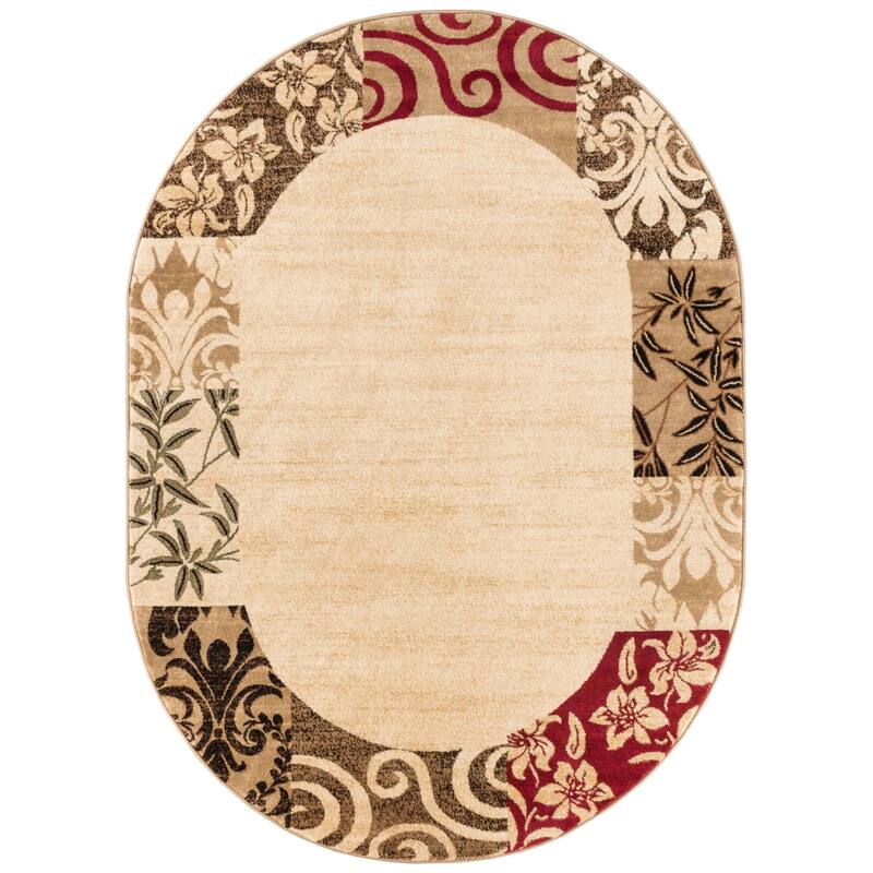 Well Woven Modern Floral Border Beige Oval Rug 7' x 10' On Sale