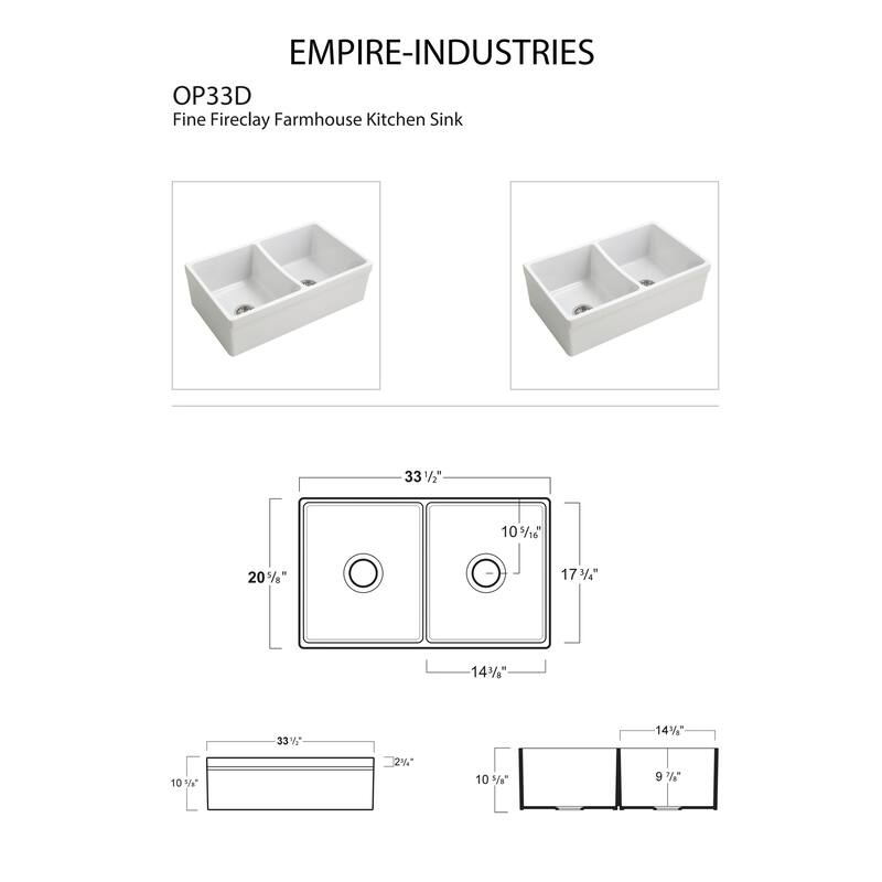 Opera Farmhouse Fireclay 33 in. 50/50 Double Bowl Kitchen Sink