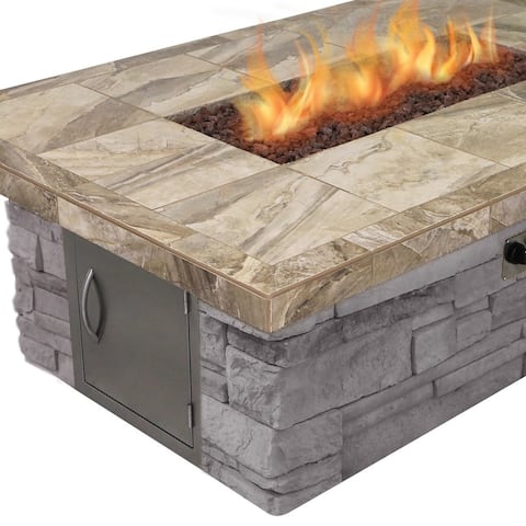 Stone Veneer Gas Fire Pit in Brown with Log Set and Lava Rocks