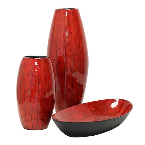 StyleCraft Panela Red Urns with Bowl (Set of 3)
