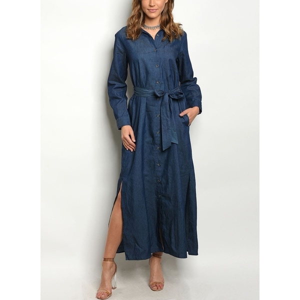 Shop JED Women's Button Down Denim Maxi Shirt Dress with Waist Tie ...