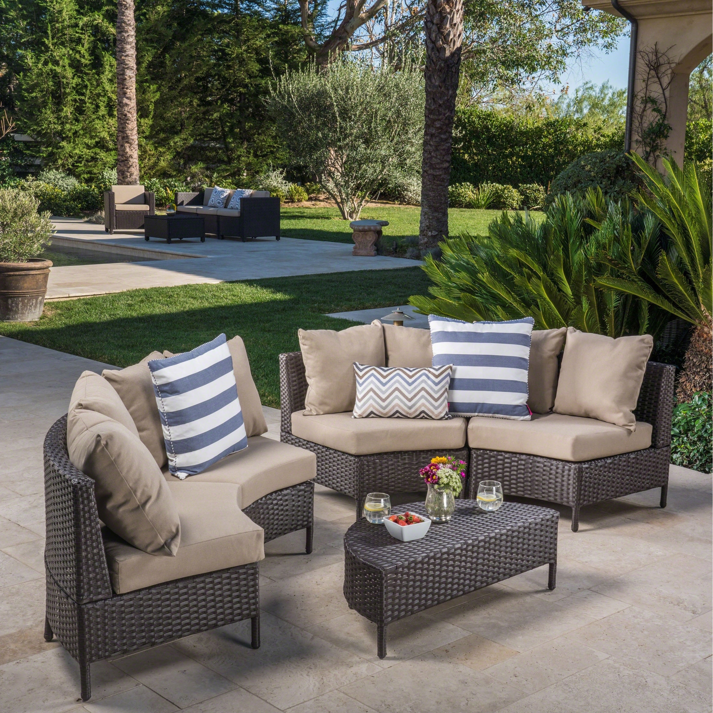 Conversation Sets Waterproof Cover Sunsitt Outdoor 7 Piece Half Moon Sectional Furniture Set With Round Coffee Table Patio Curved Sofa Set Beige Cushion And Brown Wicker Incl Patio Lawn Garden