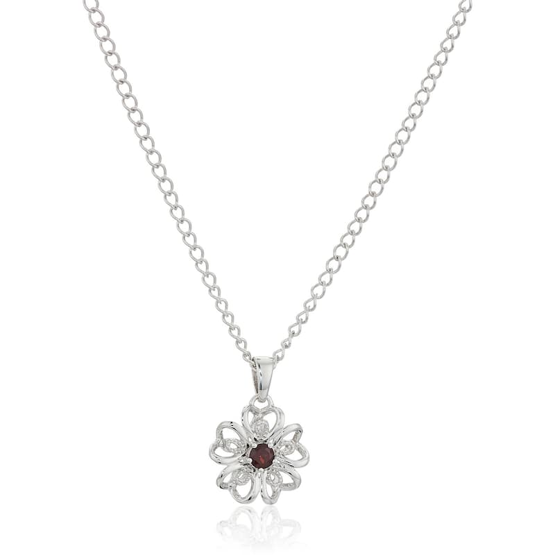 Sterling Silver Red Garnet Black Flower Pendant Necklace, 18"