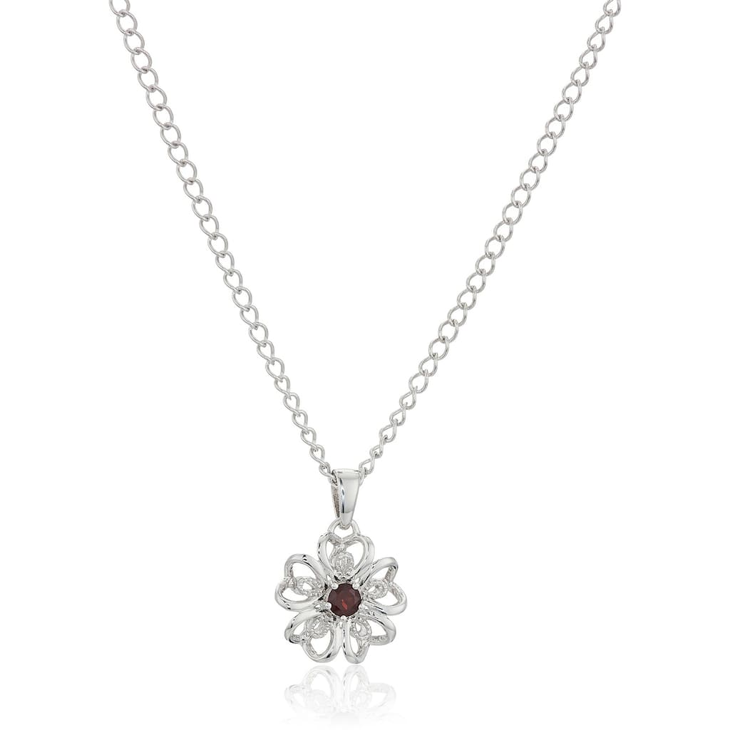 Sterling Silver Red Garnet Black Flower Pendant Necklace, 18"