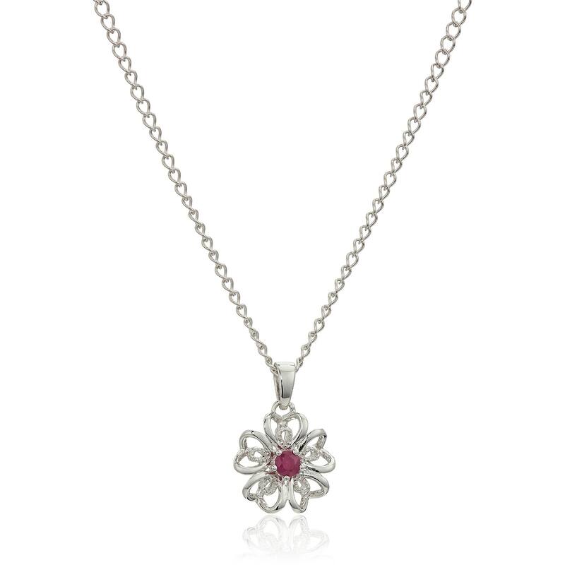 Sterling Silver Ruby Black Flower Pendant Necklace, 18" - Red