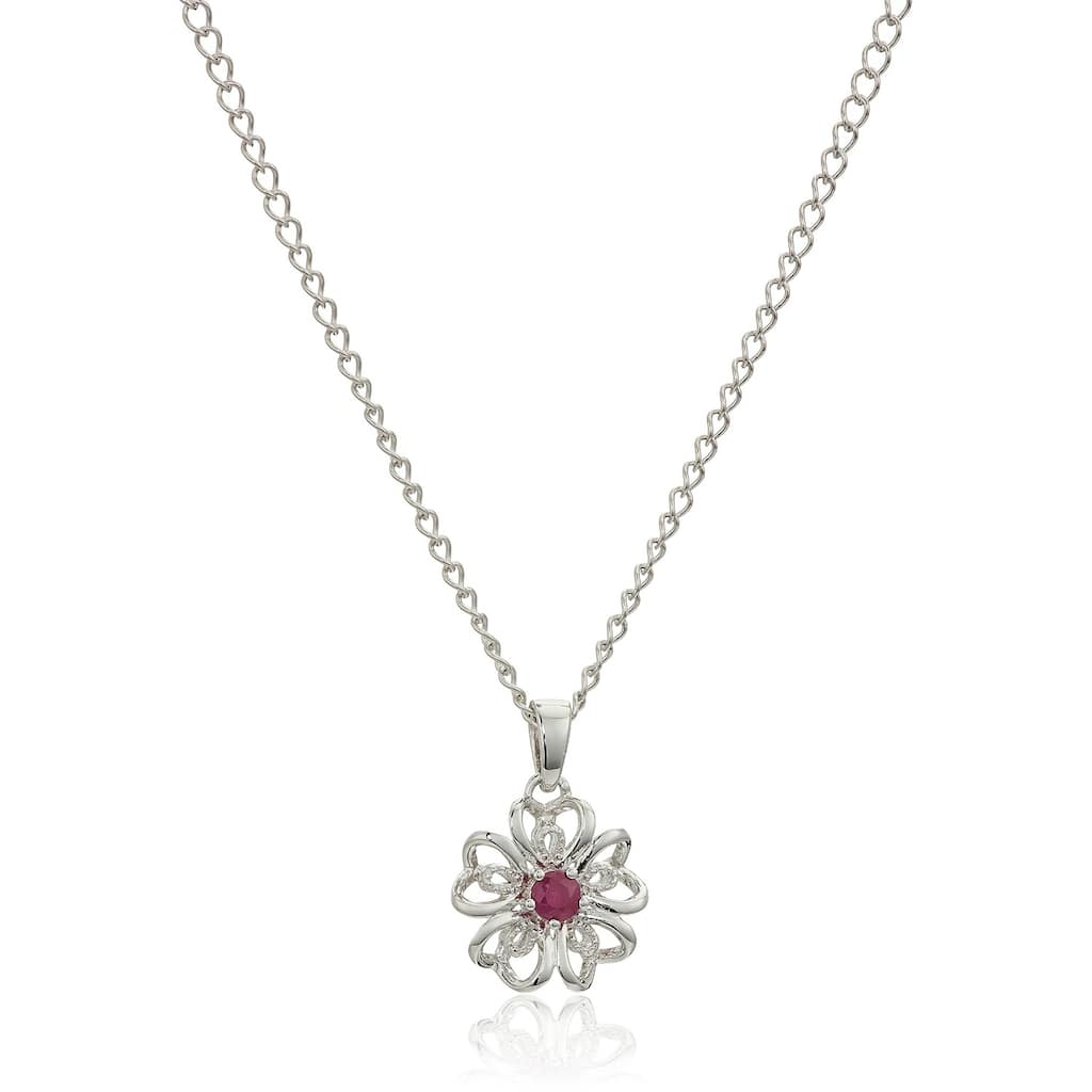 Sterling Silver Ruby Black Flower Pendant Necklace, 18" - Red