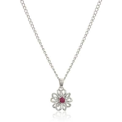 Sterling Silver Ruby Black Flower Pendant Necklace, 18" - Red
