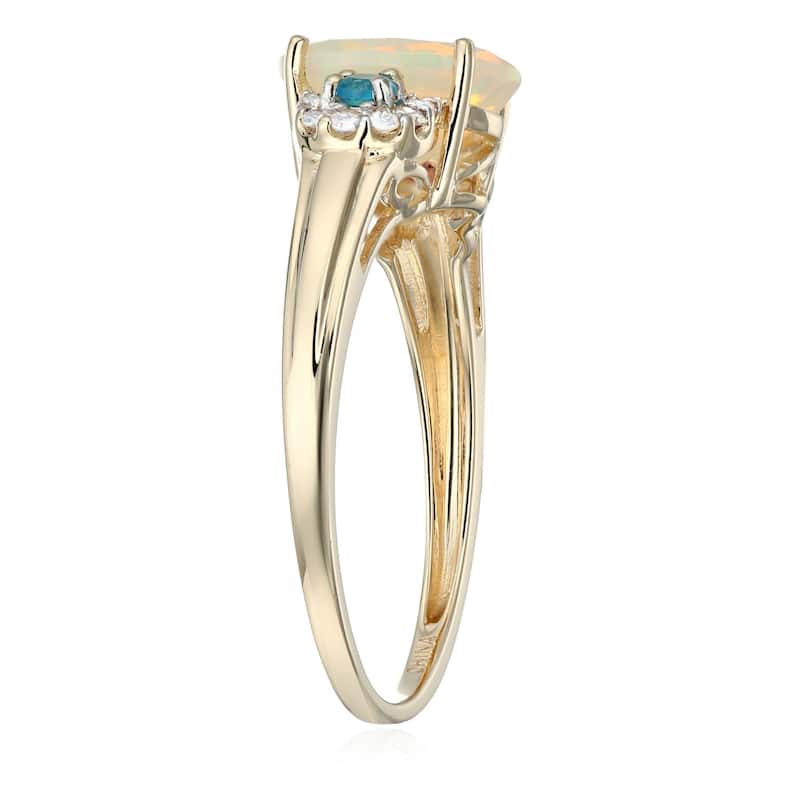 10k White Gold Ethiopian Opal, Diamond 3-Stone Engagement Ring, Size 7 - Blue