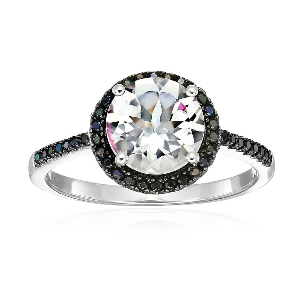 Sterling Silver White Topaz & Black Spinel Halo Engagement Ring, Size 7