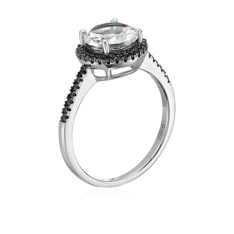 Sterling Silver White Topaz & Black Spinel Halo Engagement Ring, Size 7