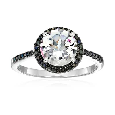Sterling Silver White Topaz & Black Spinel Halo Engagement Ring, Size 7