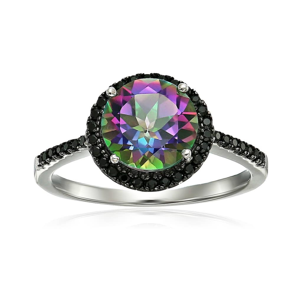 Sterling Silver Mystic Topaz and Black Spinel Halo Engagement Ring - Green