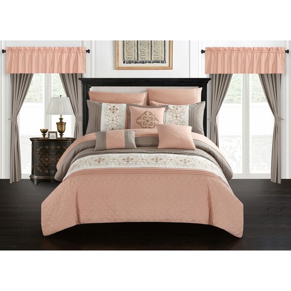 Chic Home Herta 20 Piece Bed in a Bag Color Block Floral Embroidered Comforter Set