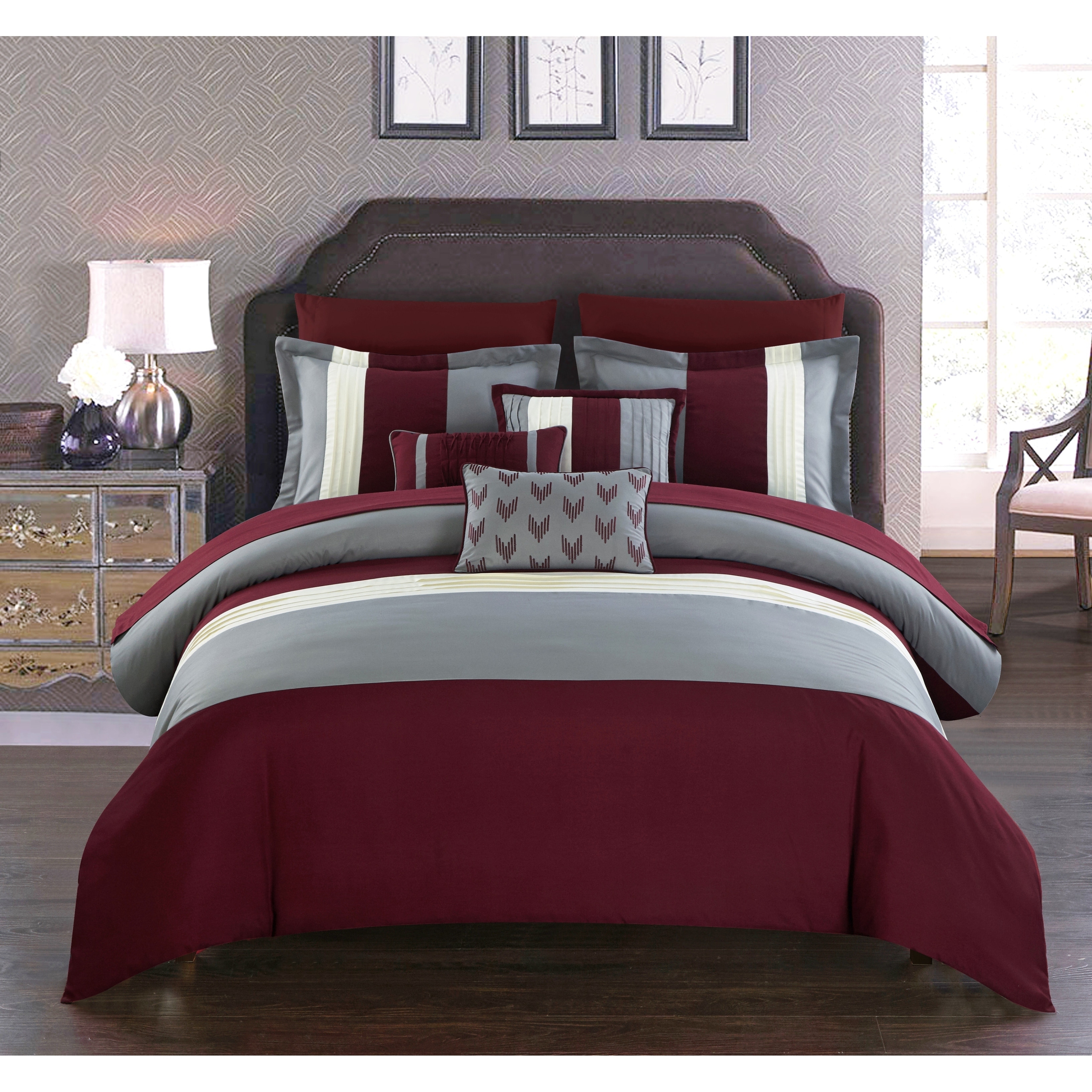 Reversible Comforter 5 Piece Burgundy/Gray