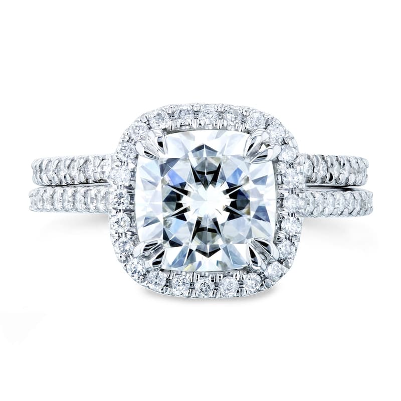 Kobelli 2.4 Carats Moissanite & Natural Diamond 14k Solid White Gold Cushion Halo Cathedral Original 2pc Bridal Set