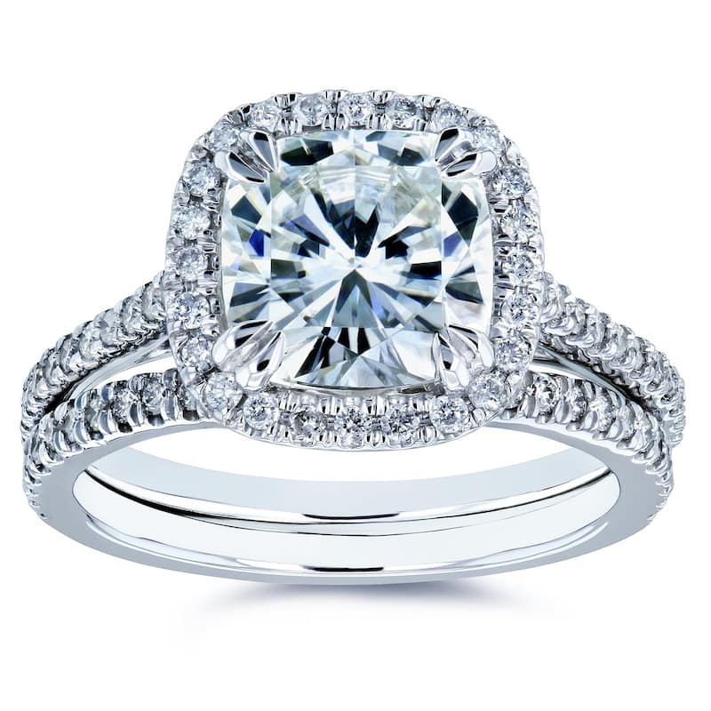 Kobelli 2.4 Carats Moissanite & Natural Diamond 14k Solid White Gold Cushion Halo Cathedral Original 2pc Bridal Set