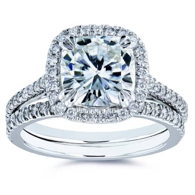 Kobelli 2.4 Carats Moissanite & Natural Diamond 14k Solid White Gold Cushion Halo Cathedral Original 2pc Bridal Set