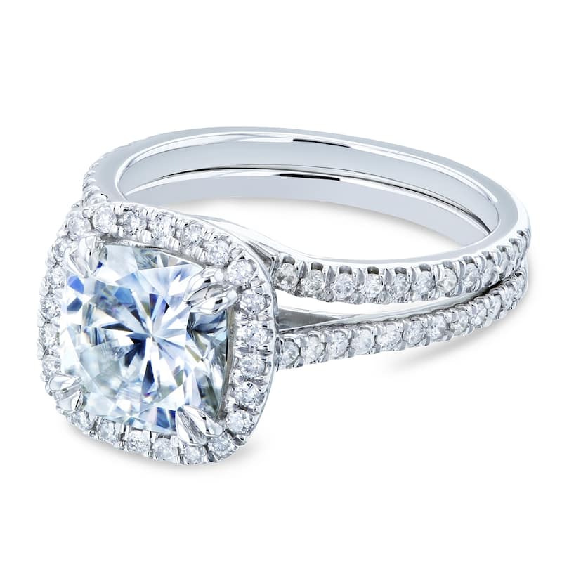 Kobelli 2.4 Carats Moissanite & Natural Diamond 14k Solid White Gold Cushion Halo Cathedral Original 2pc Bridal Set