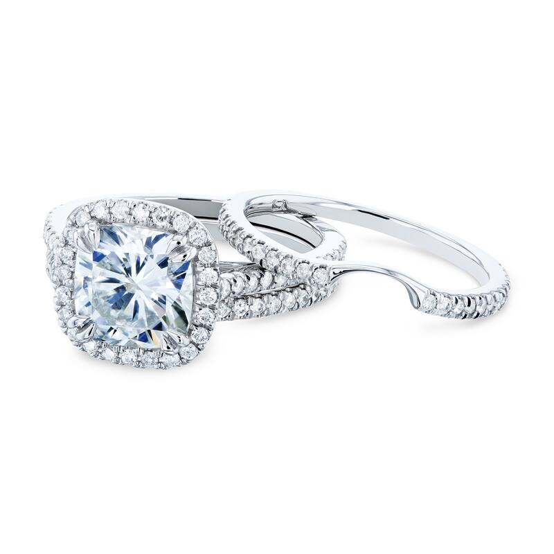 Kobelli 2.5 Carats Moissanite & Natural Diamond 14k Solid White Gold Cushion Halo Cathedral Original 3pc Bridal Set