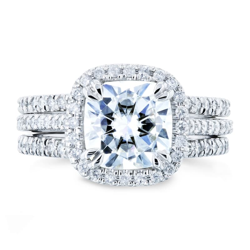 Kobelli 2.5 Carats Moissanite & Natural Diamond 14k Solid White Gold Cushion Halo Cathedral Original 3pc Bridal Set