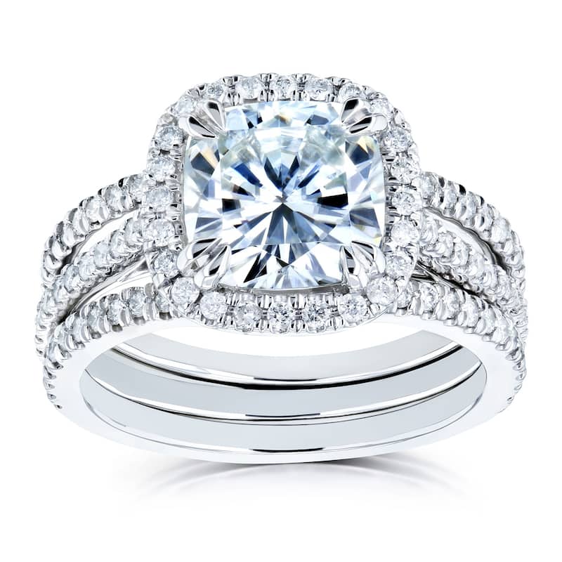 Kobelli 2.5 Carats Moissanite & Natural Diamond 14k Solid White Gold Cushion Halo Cathedral Original 3pc Bridal Set