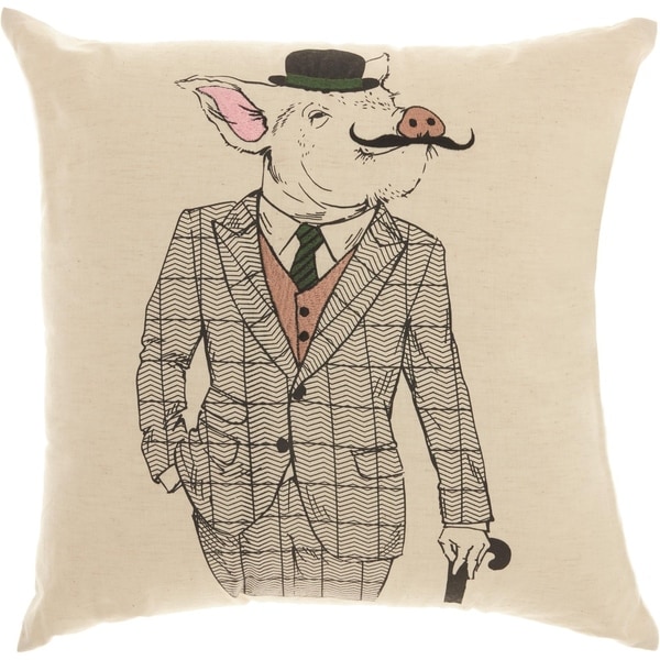 Mina Victory Trendy Mustache Pig Natural Throw Pillow (18-Inch X 18-Inch)