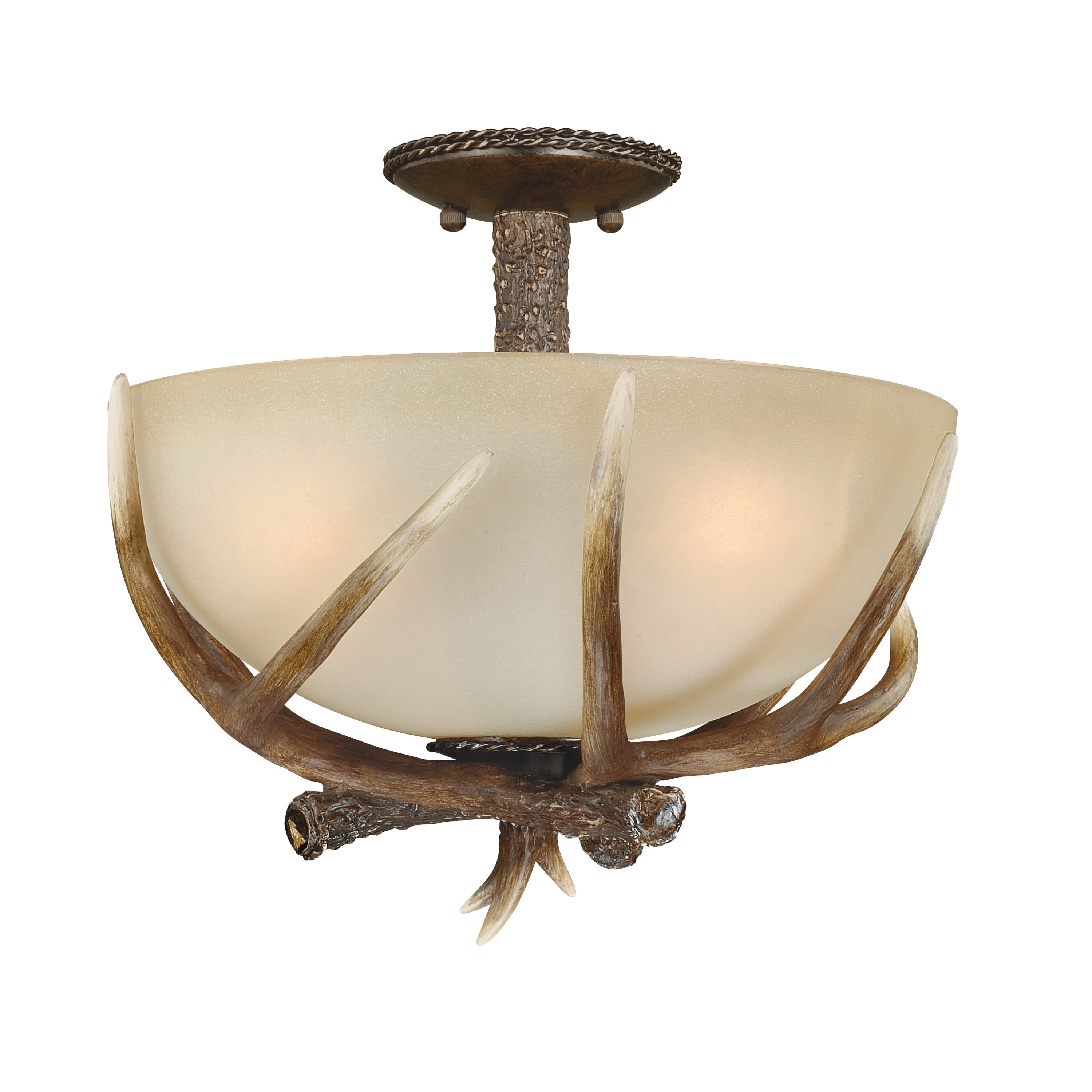 Yoho 17 In W Bronze Rustic Antler Bowl Semi Flush Mount Ceiling Light Cream Glass 17 In W X 13 In H X 17 In D