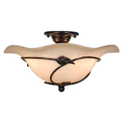 Vine 15-in W Black Rustic Semi Flush Mount Ceiling Light Amber Glass - 15-in W x 7.5-in H x 15-in D