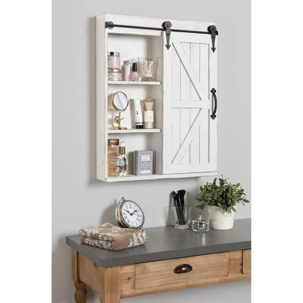 Shop Cates Wood Wall Storage Cabinet With Vanity Mirror And Barn Door In Rustic White As Is Item Overstock 29811494