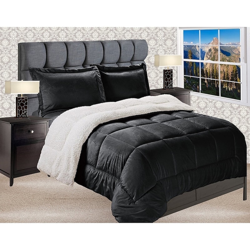 Elegant Comfort Reversible Sherpa Micro-Suede 3-Piece Comforter Set - Full - Black