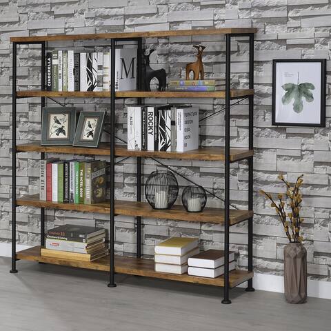 Barritt Industrial Antique Nutmeg Double-wide Bookcase - 60" x 14.25" x 63"