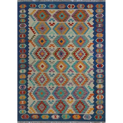 Noori Rug Sangat Kilim Gamba Ivory/Blue Rug - 5'0 x 6'11