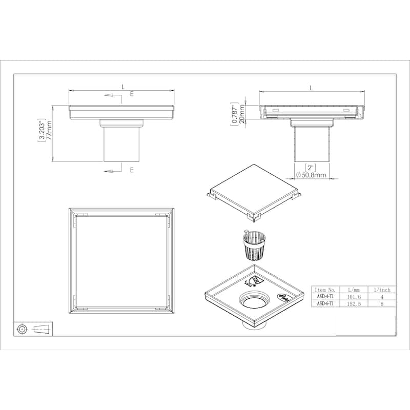 Shower Square Drain 4 inch - 2 IN 1 Reversible Tile Insert & Flat Grate Brushed Stainless Steel Finish