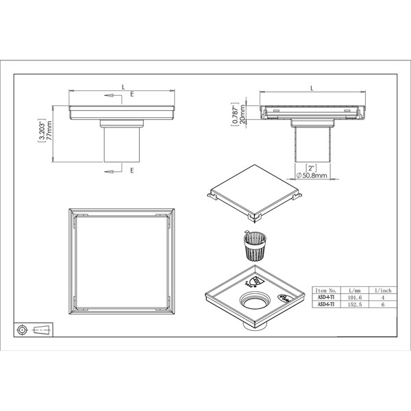 Square Shower Floor Drain with Tile Insert Grate Rubber Gasket Included 6"x6" 