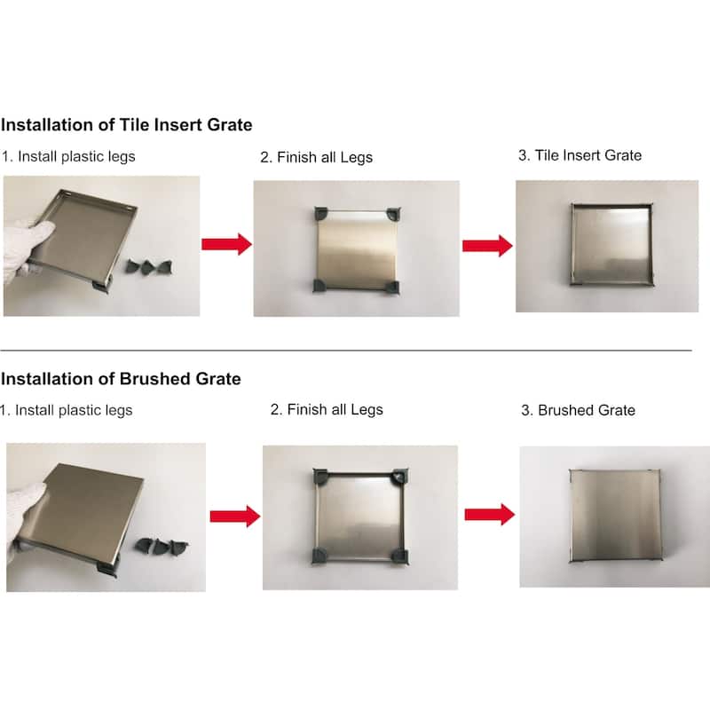 Shower Square Drain 4 inch - 2 IN 1 Reversible Tile Insert & Flat Grate Brushed Stainless Steel Finish
