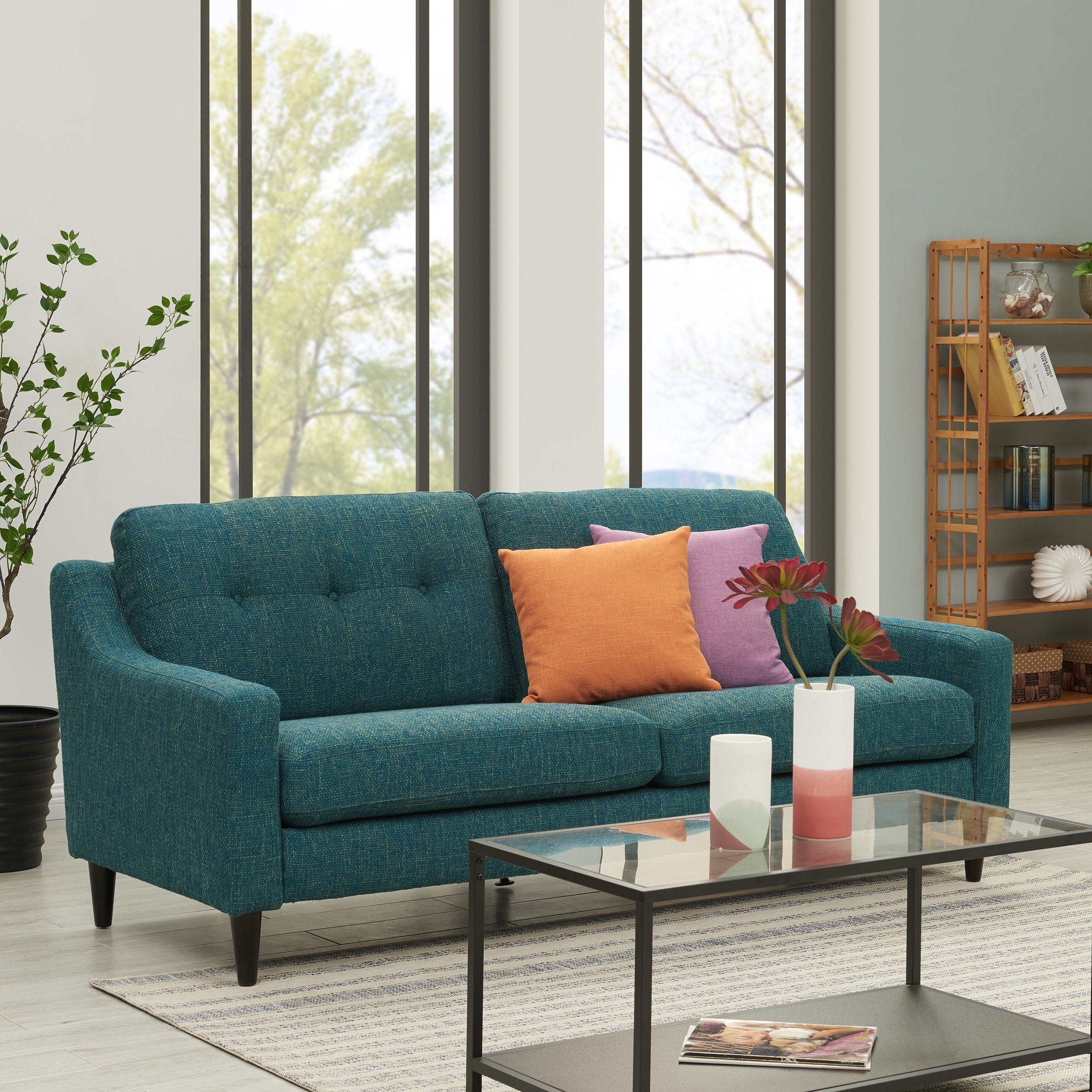 Handy Living Regina Scooped Arm Blue Tweed Sofast Sofa