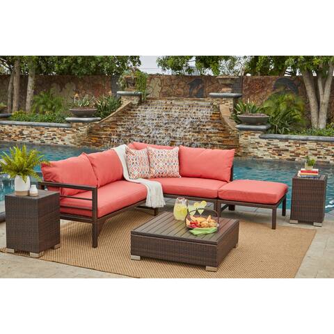 Handy Living Aldrich Brown Indoor/Outdoor Sectional with Coral Cushions