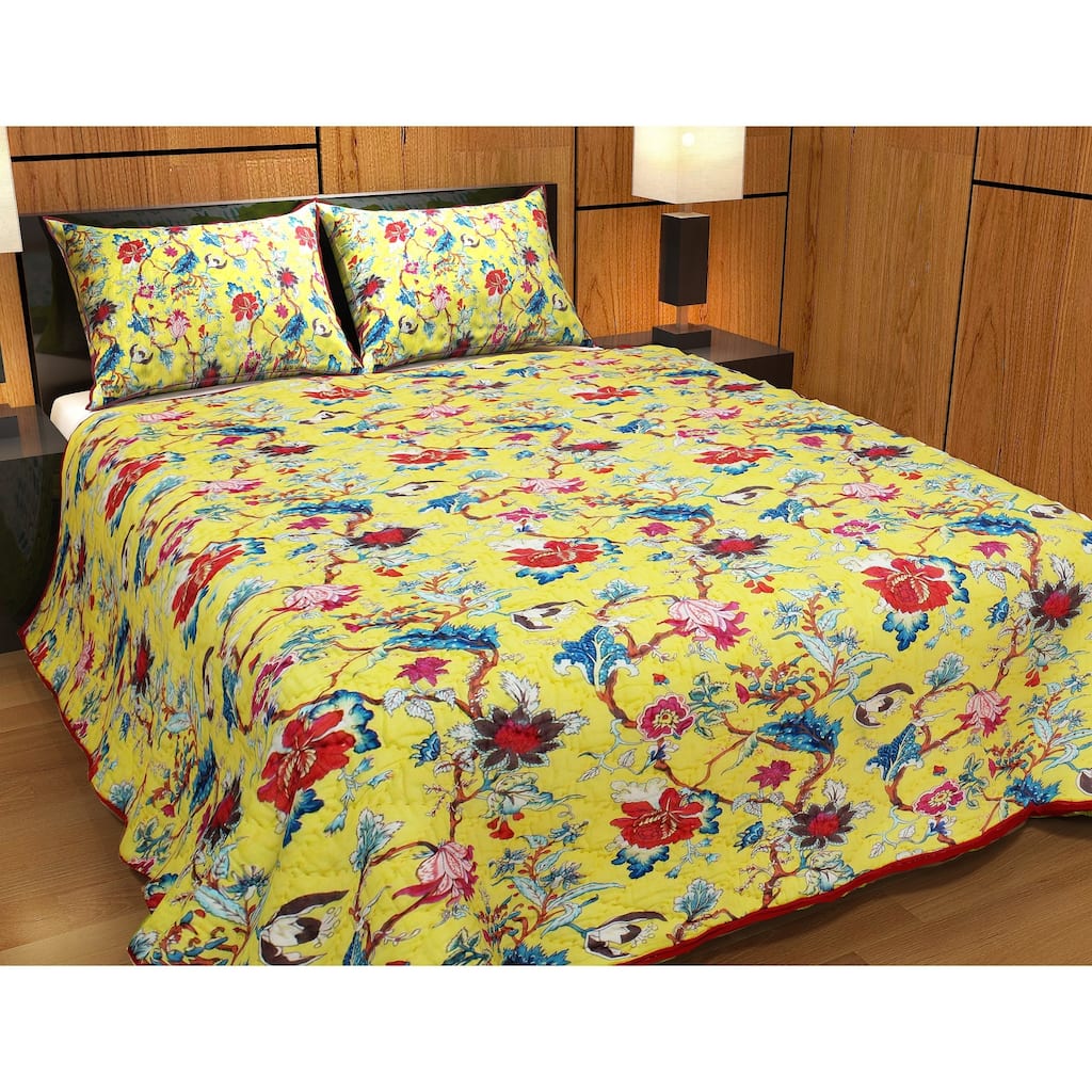 Yellow French Swathe Kantha Queen Quilt 85"W x 95"L