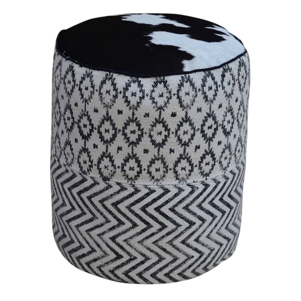 Overstock Black and White Patterned Round Pouf UMA with Cowhide Top