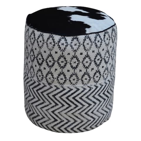 Black & White Patterned Round Pouf UMA with Cowhide Top