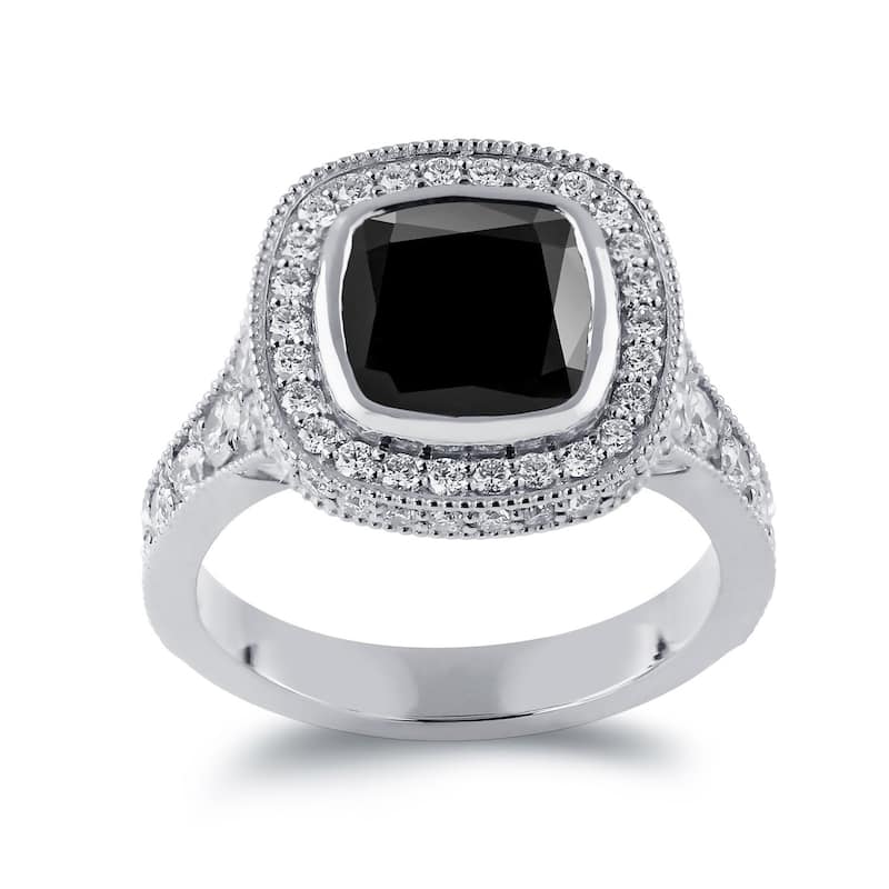 Auriya 14k Gold 4 7/8ctw Vintage Cushion-cut Halo Black Diamond Engagement Ring (H-I, SI1-SI2) - White - 5.5