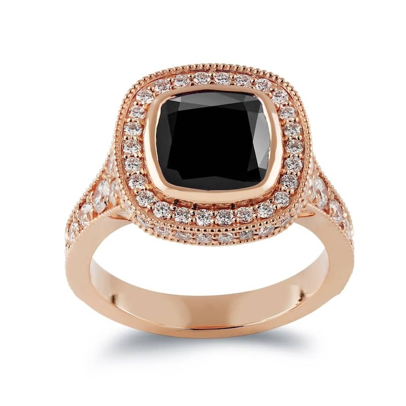 Auriya 14k Gold 4 7/8ctw Vintage Cushion-cut Halo Black Diamond Engagement Ring (H-I, SI1-SI2) - Rose - 7.5