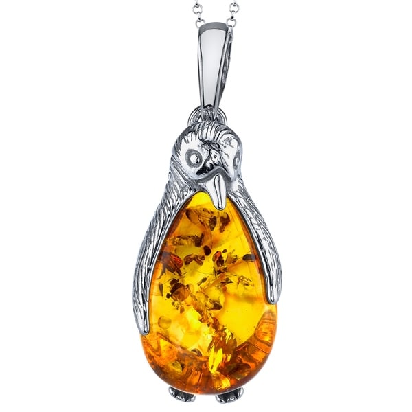 Sterling Silver Oval Pendant Necklace with Genuine Cognac Amber Chain included