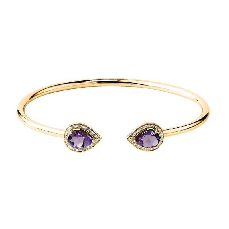 Stackable 1 3/4ct Pear Shaped Purple Amethyst Open Bangle Bracelet with Diamond Accents by Auriya in Gold over Silver