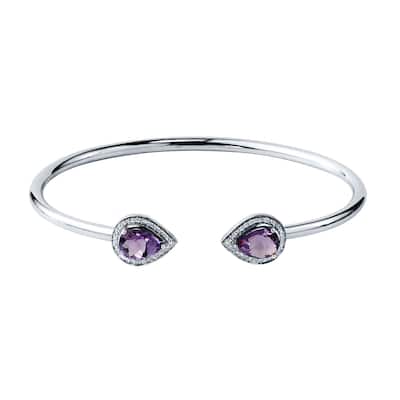 Stackable 1 3/4ct Pear Shaped Purple Amethyst Open Bangle Bracelet with Diamond Accents by Auriya in Gold over Silver