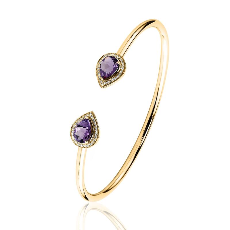 Stackable 1 3/4ct Pear Shaped Purple Amethyst Open Bangle Bracelet with Diamond Accents by Auriya in Gold over Silver