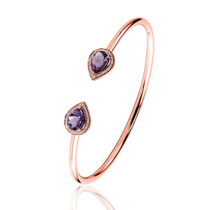 Stackable 1 3/4ct Pear Shaped Purple Amethyst Open Bangle Bracelet with Diamond Accents by Auriya in Gold over Silver